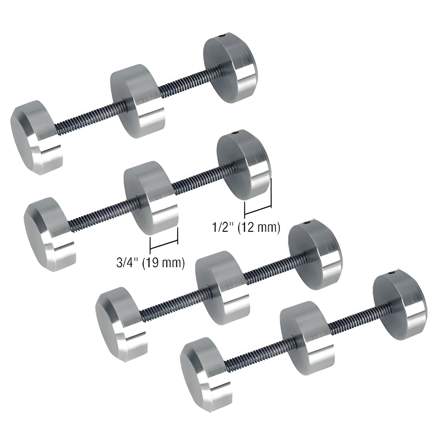 CDS4S brushed stainless steel surround sound spacers - 4 stud sets for bullet-resistant acrylic/polycarbonate barriers.
