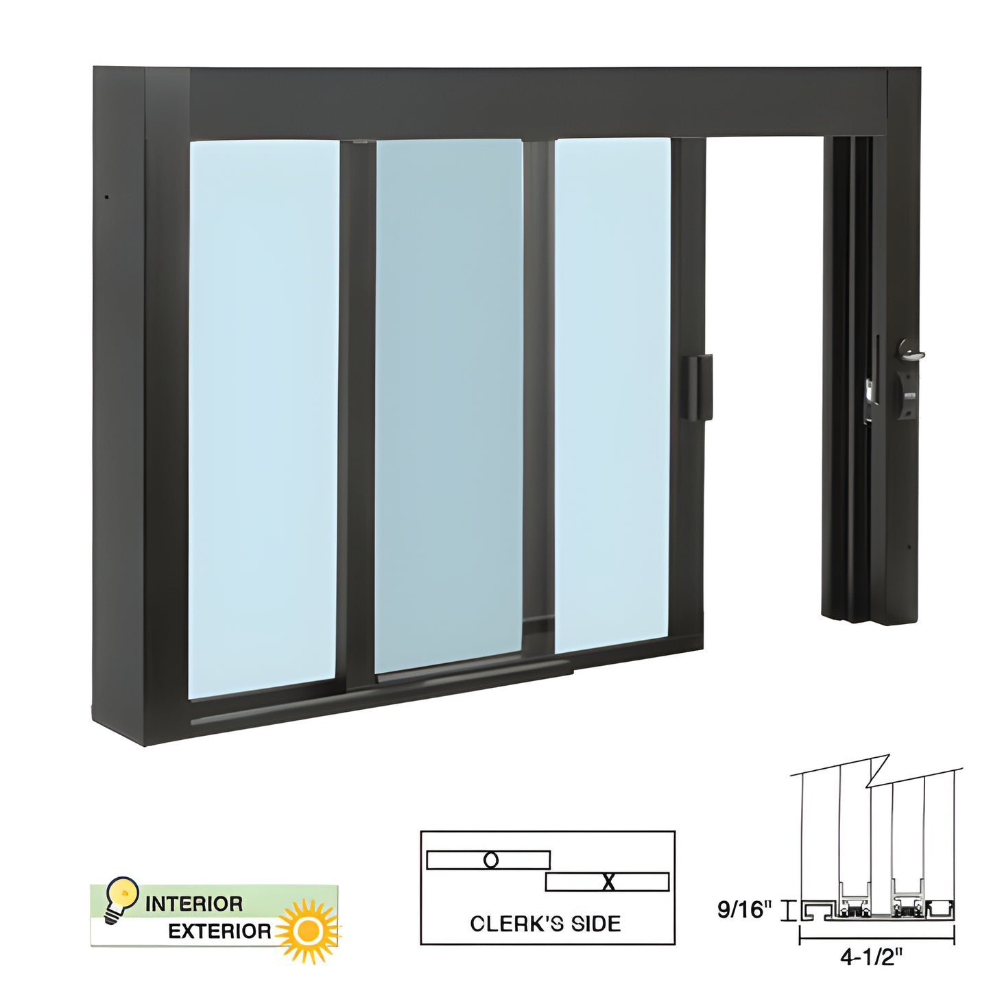Duranodic bronze aluminum self-closing 48x36 sliding service window with clear tempered glass.