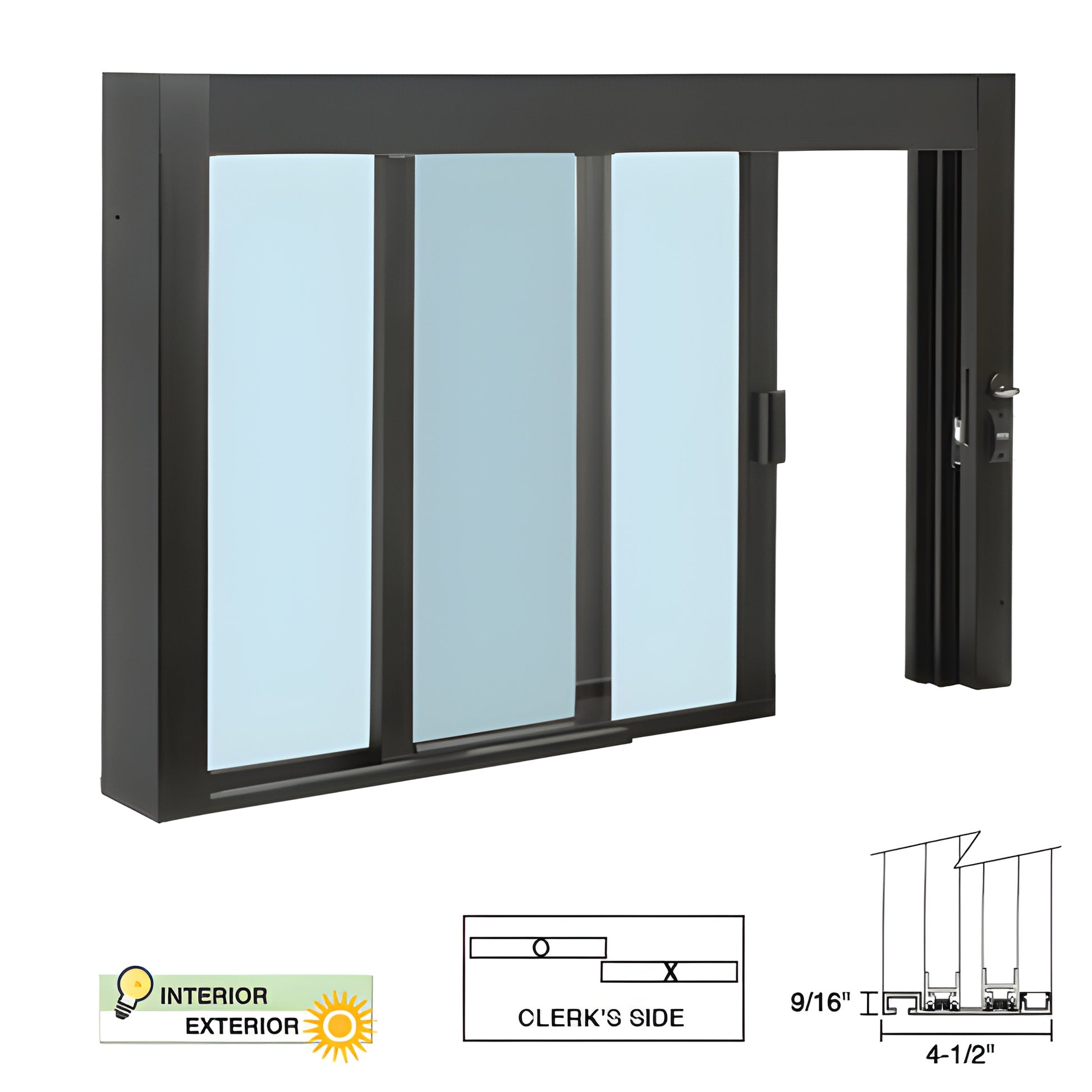 Duranodic bronze aluminum self-closing 48x36 sliding service window with clear tempered glass.