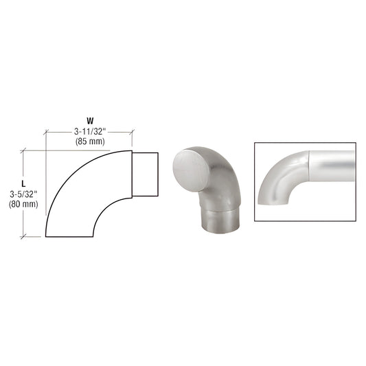 Brushed stainless steel CRL dome end cap for 2" handrail tubing (HR20RBS), 85 80 mm, shown installed with diagram.