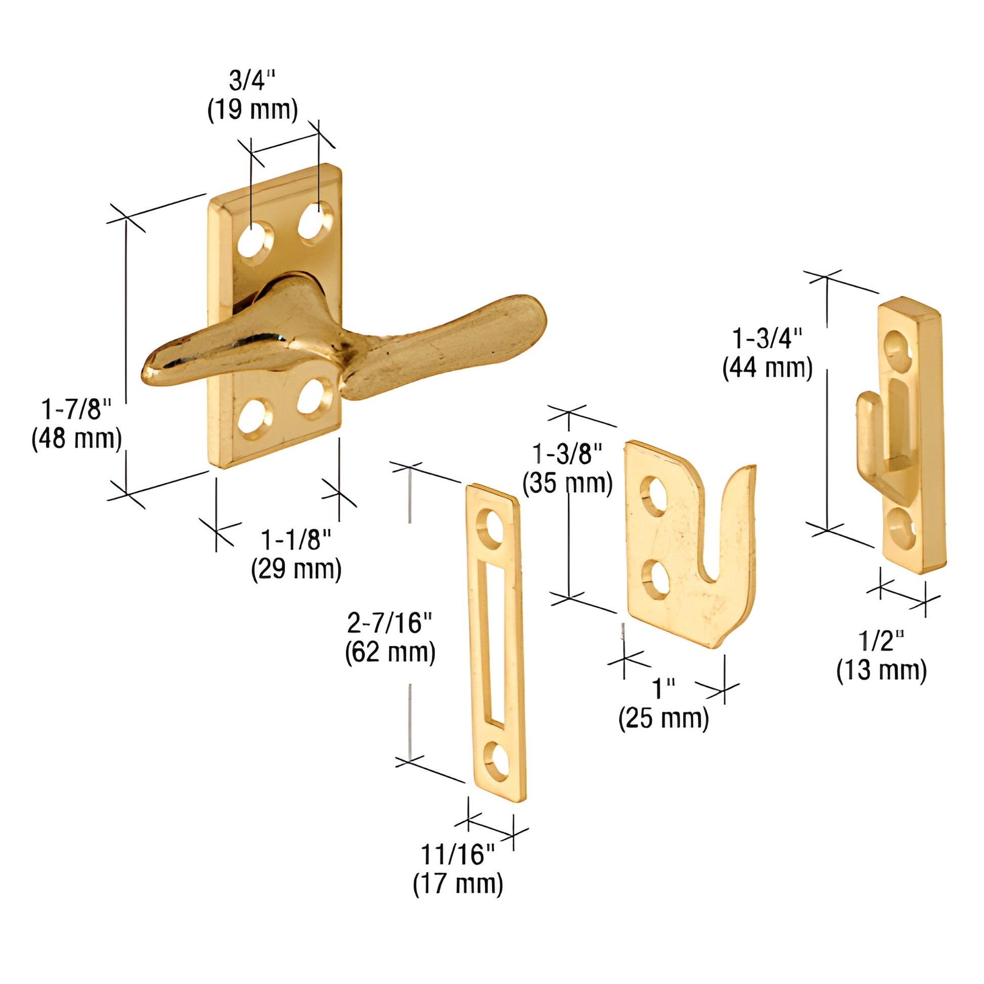 CRL H3553 polished brass casement sash lock with three interchangeable keepers; dimensions labeled.