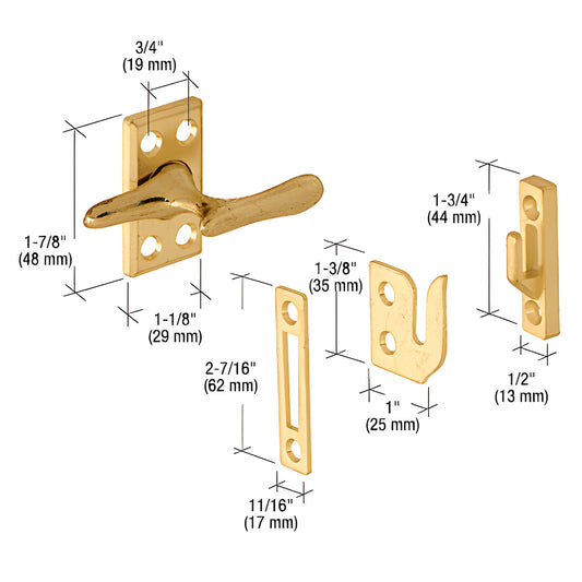 CRL H3553 polished brass casement sash lock with three interchangeable keepers; dimensions labeled.