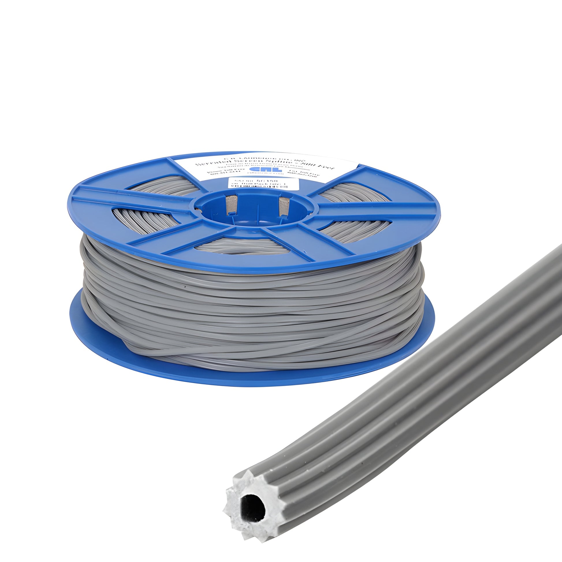 Gray hollow-core vinyl screen spline (0.165 in) on blue 500' spool, serrated profile - SKU 5C165