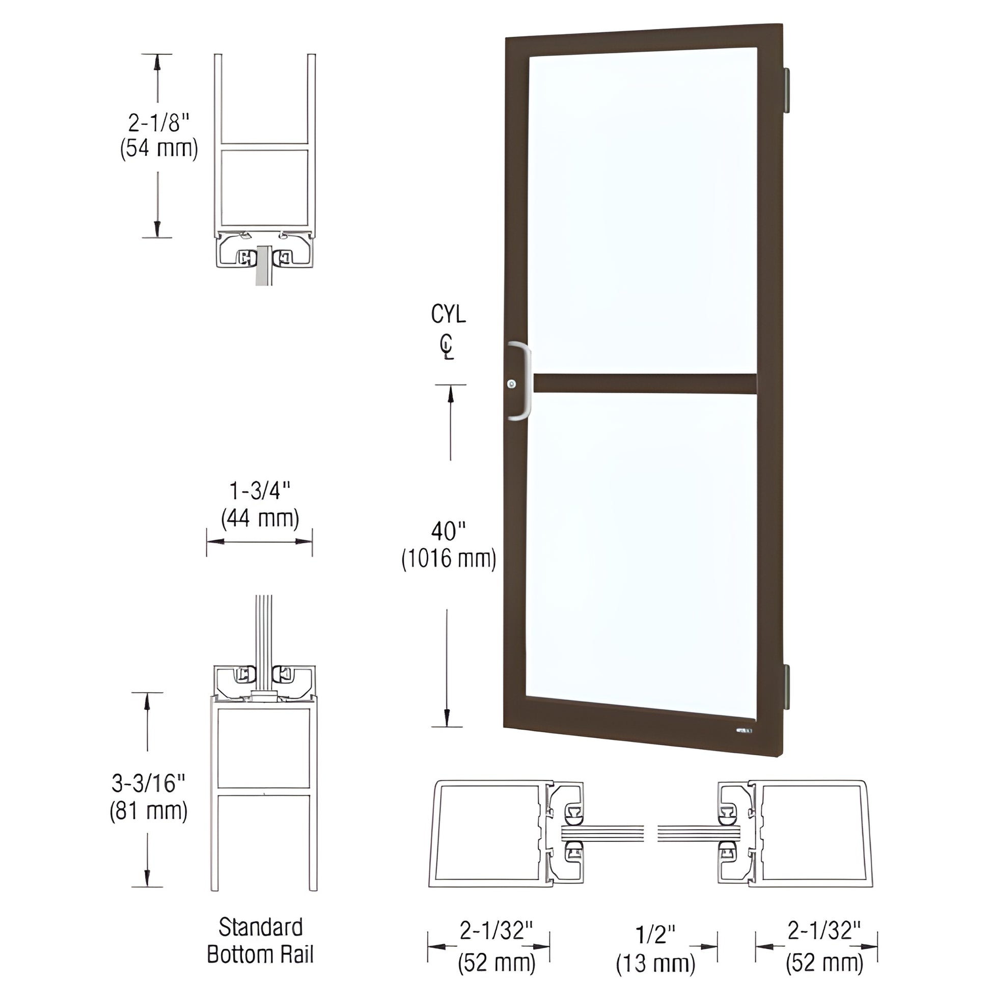 DZ21522 black bronze anodized narrow-stile commercial entrance door with center panic rail and glass