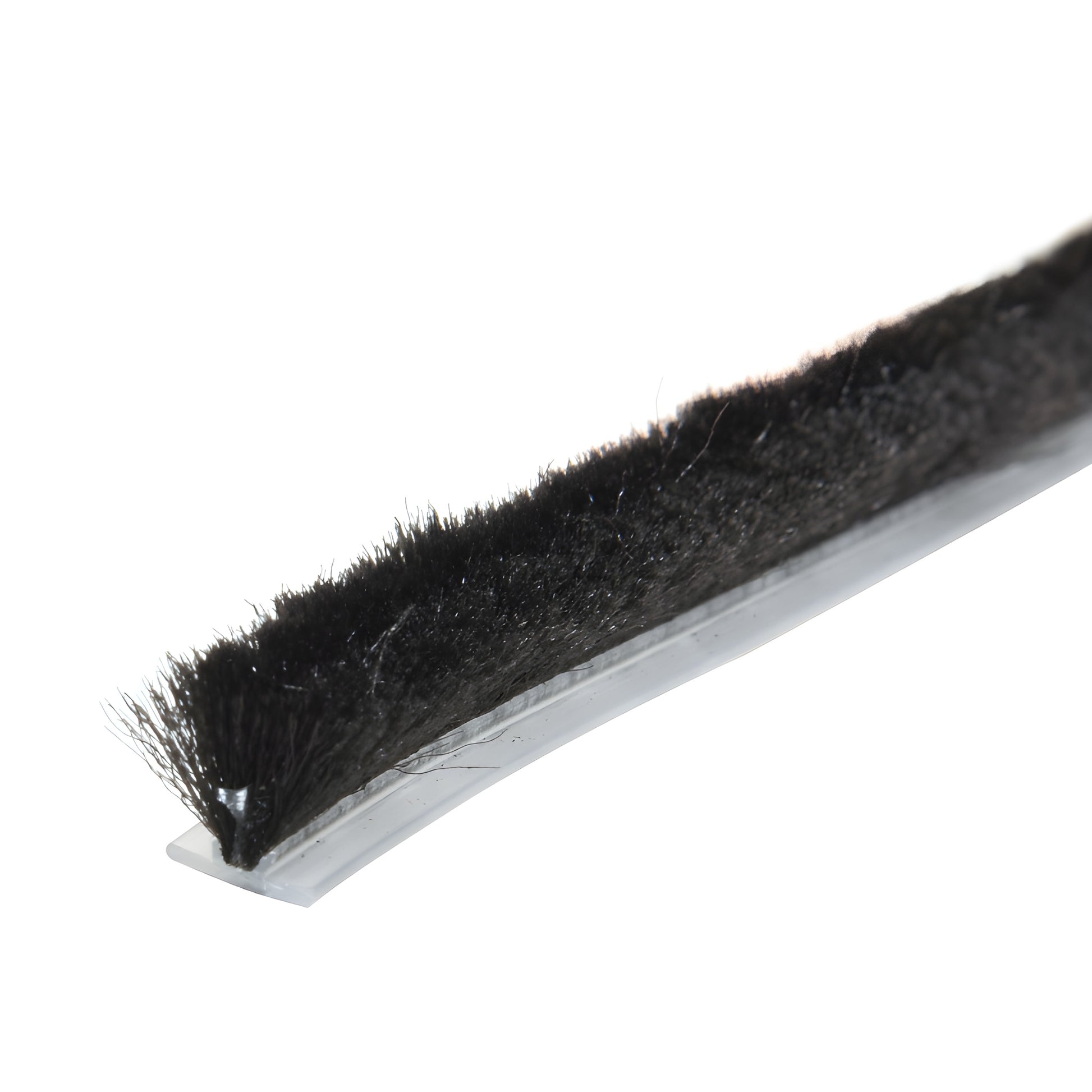 W188B black storefront pile weatherstrip on white polypropylene backing, low-profile commercial door seal.