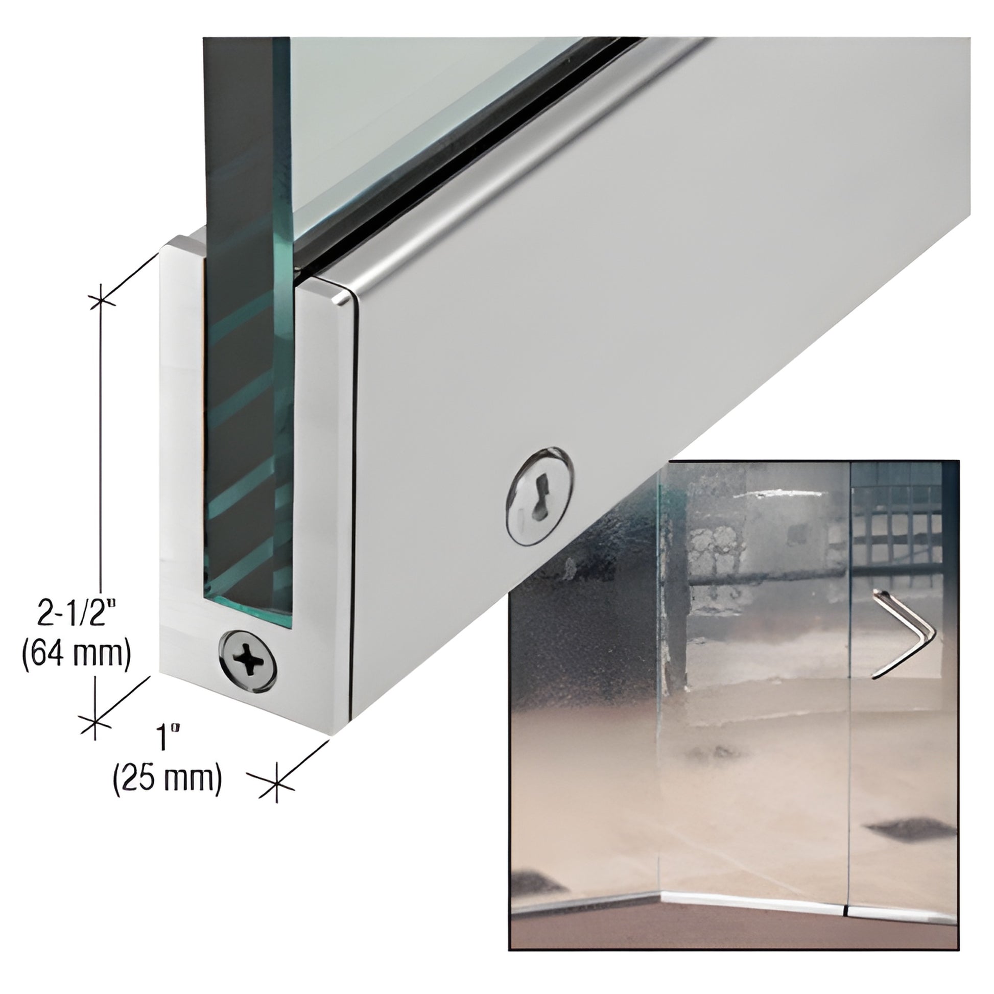 SP64BS12CR slender brushed stainless steel door rail for 1/2" (12mm) tempered glass, 2-1/2" H x 1" W with cam lock.