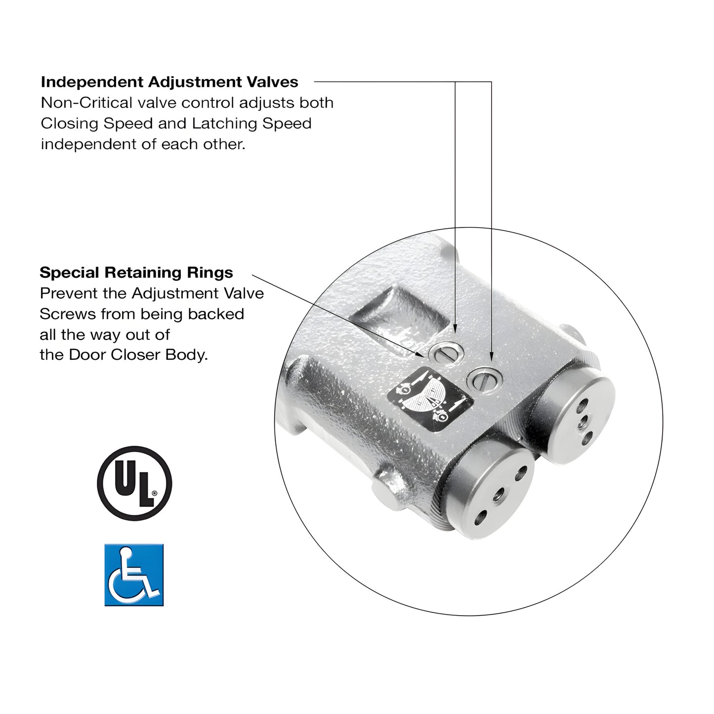 CRL6960 silver overhead concealed door closer body with mounting clips and templates, ADA/UL listed.