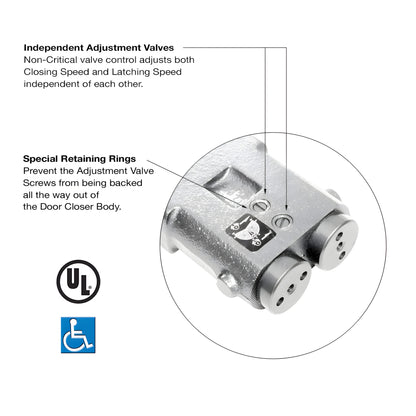 CRL6960 silver overhead concealed door closer body with mounting clips and templates, ADA/UL listed.