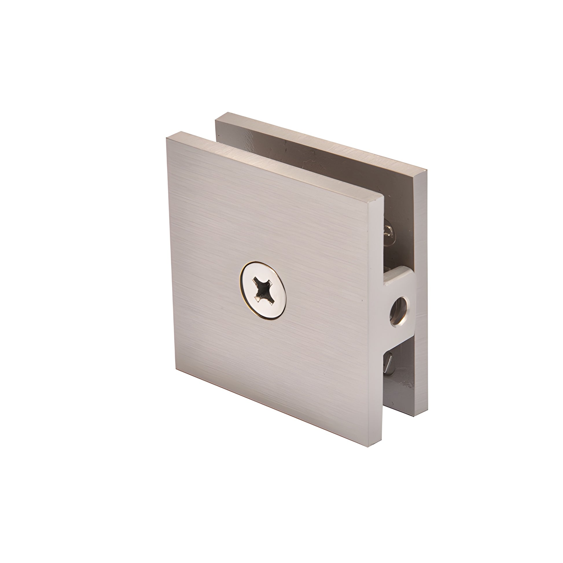 Brushed nickel square wall-mount hole-in-glass clamp for frameless shower glass, SKU SCU4BN.