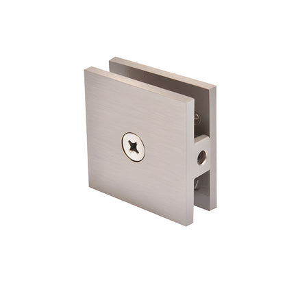 Brushed nickel square wall-mount hole-in-glass clamp for frameless shower glass, SKU SCU4BN.