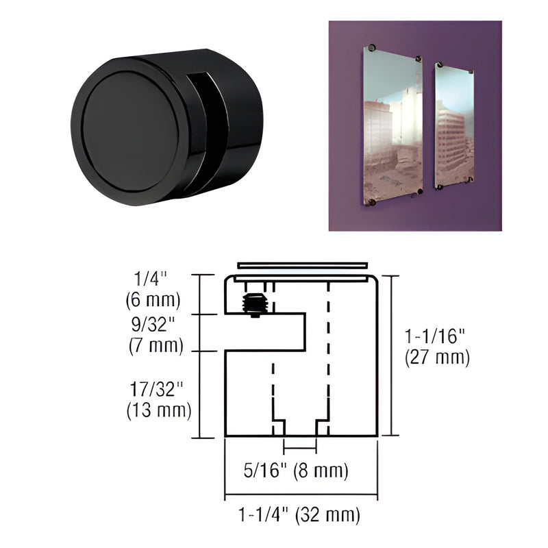 EG14MBL matte black stainless steel edge grip, 1-1/4 in dia, fits 1/4 in (6 mm) panels, no-drill mounting