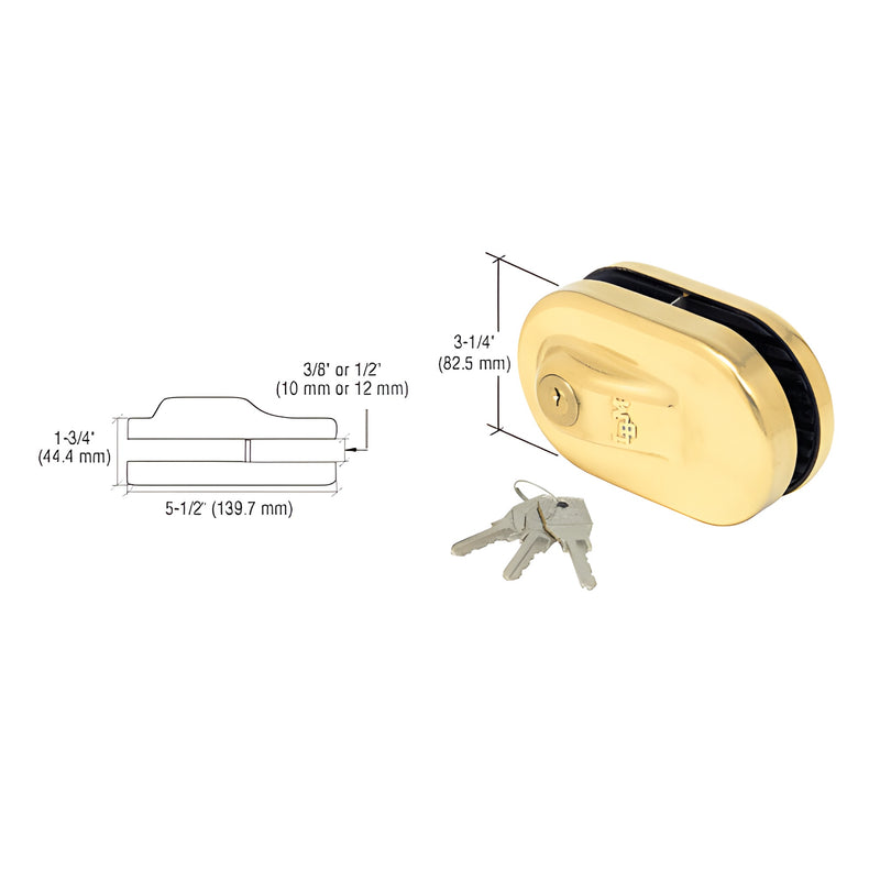 Polished brass slip-on patch lock for 3/8-1/2 glass doors with keyed cylinder and three keys (SKU 1NT685BR)