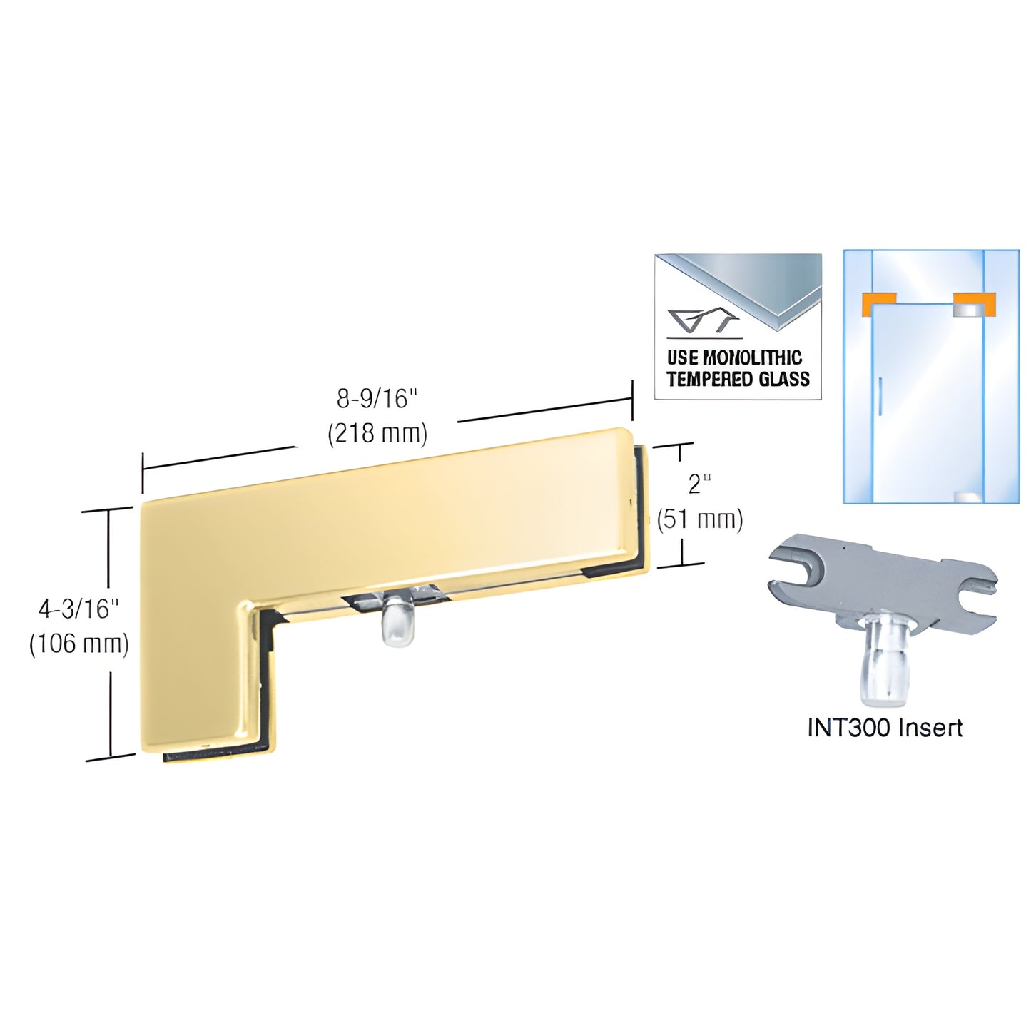 PH40BR polished brass sidelite-mounted transom patch with INT300 insert for 3/8" or 1/2" tempered glass.