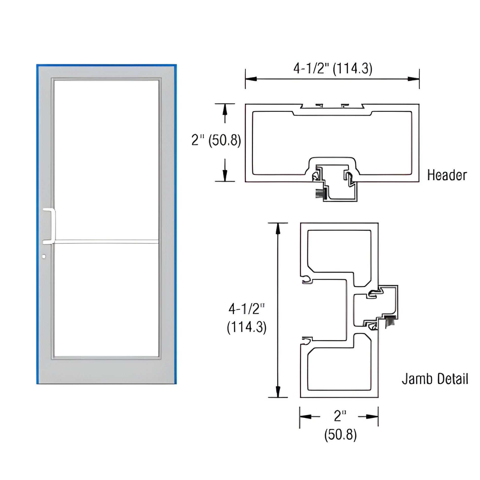 Aluminum door frame SKU FD41571, fits 36x84 door, includes aluminum threshold, 2" x 4-1/2" tubular jambs, header/jamb detail.