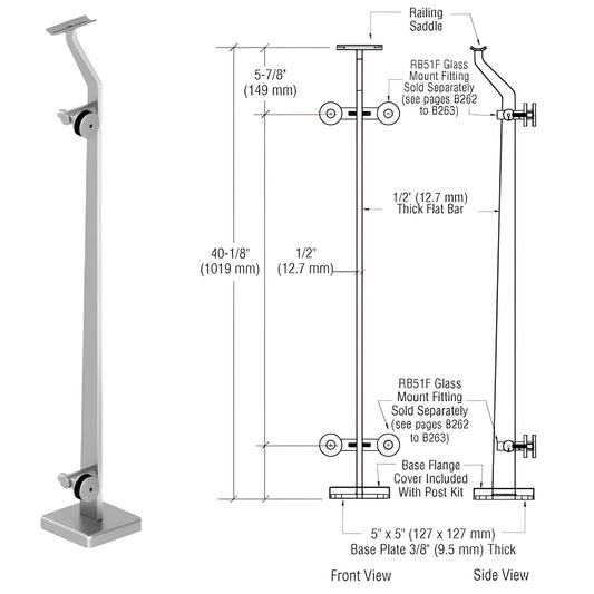 Stainless steel CRL P5 glass railing post P542REPS with base plate cover, fits 12-25 mm glass panels
