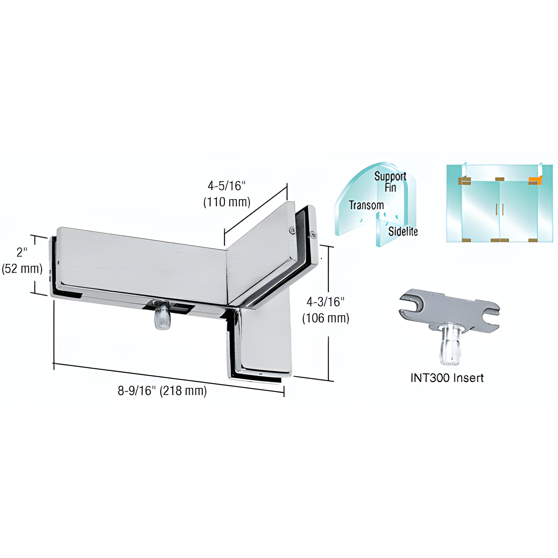 PH41LBS left-hand sidelite transom patch, brushed stainless steel with support fin bracket and INT300 insert for 3/8-1/2" gla