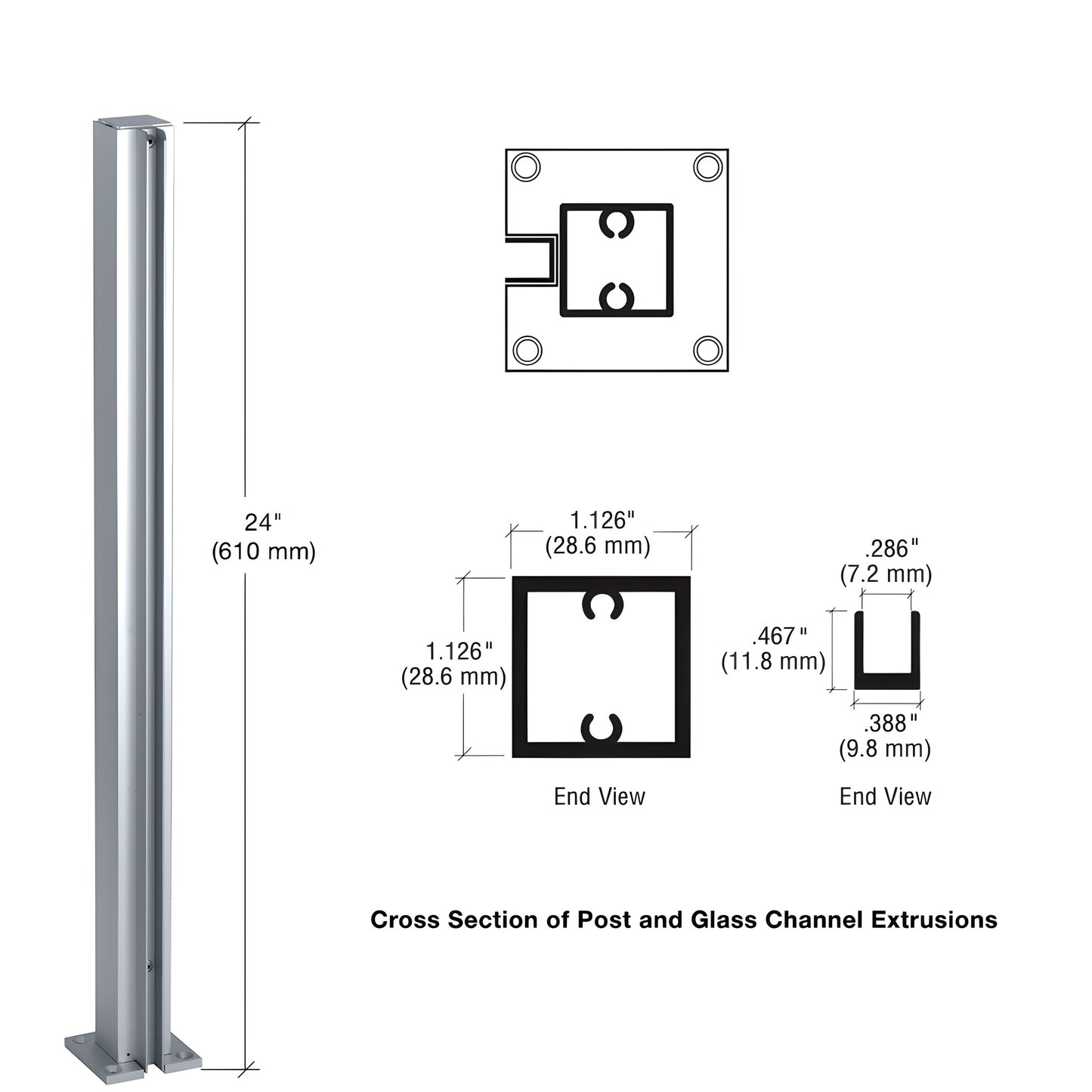 Satin anodized aluminum 24" square partition end post with U-channel glazing, top cap and base.