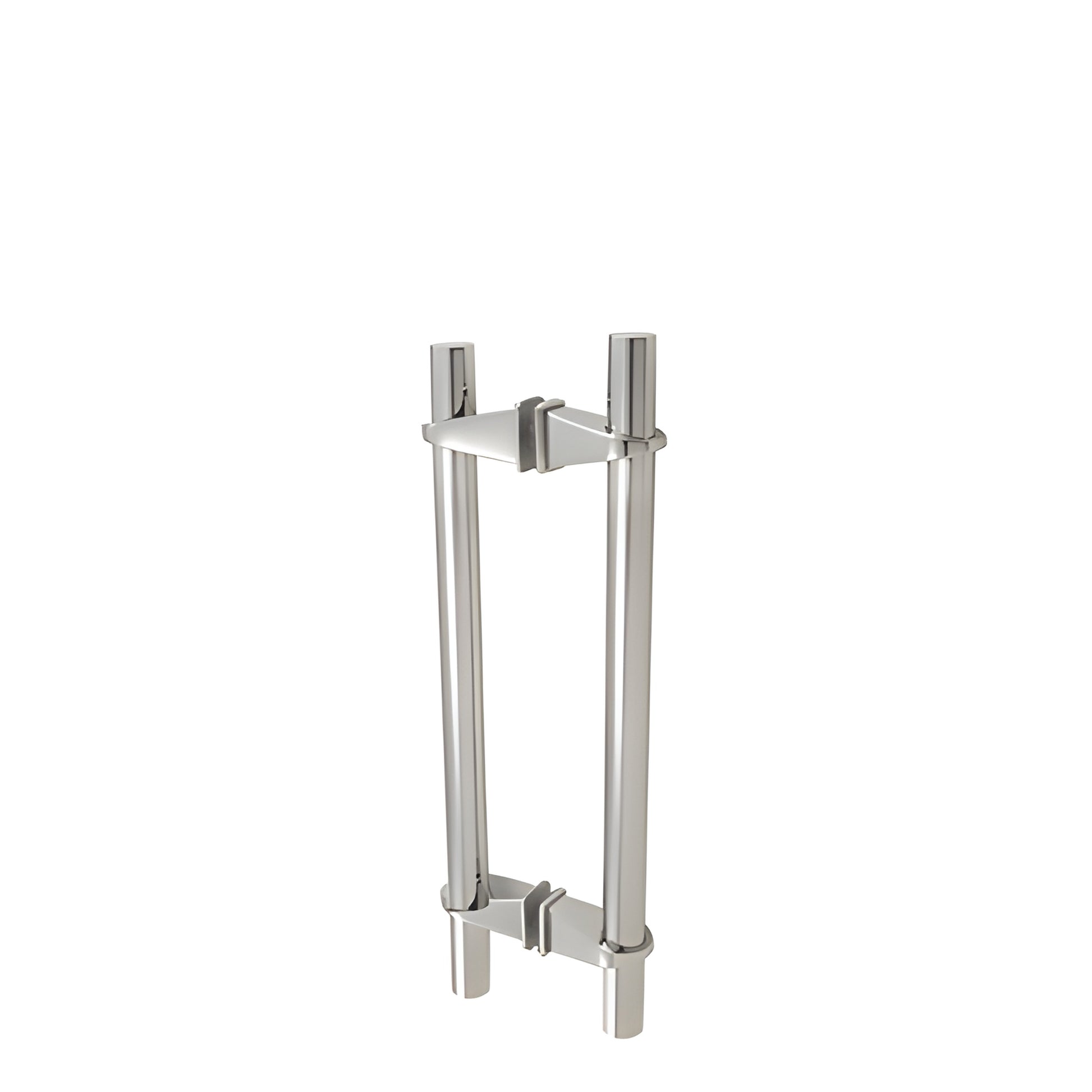 VPS116PS polished stainless steel adjustable glass door pull, dual vertical 1 in tubes with back-to-back mounting posts