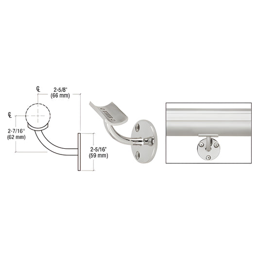 Polished stainless steel surface-mounted handrail bracket (SKU HR20B3PS), fits 1.9"-2" tubing, 2-5/8" projection.