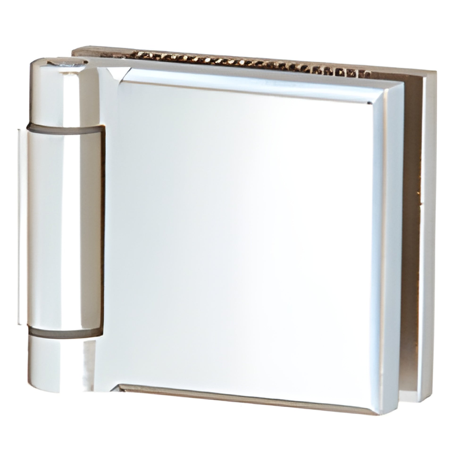 MH1CH polished chrome mini shower door hinge for 1/4" (6mm) glass, wall mount offset back plate, installs through 1" hole.