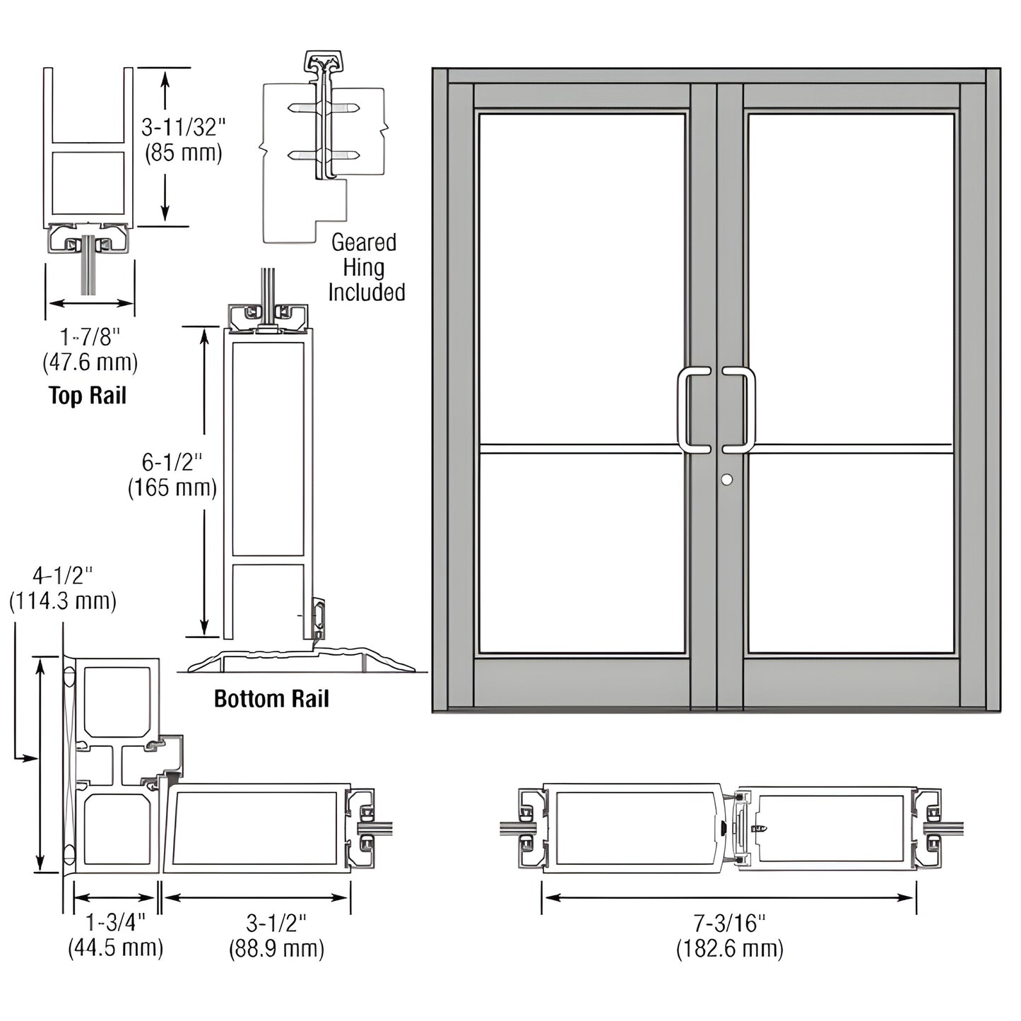 DC82811 Clear-anodized commercial double entrance door, aluminum frame with tempered glass, center mullion and pull handles.
