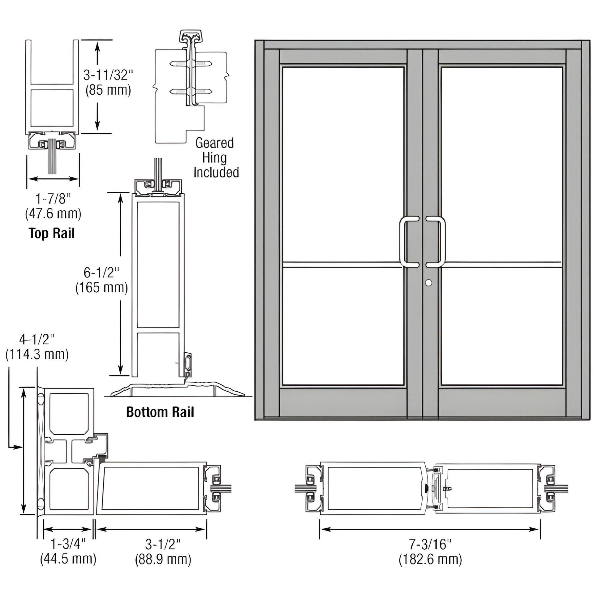 DC82811 Clear-anodized commercial double entrance door, aluminum frame with tempered glass, center mullion and pull handles.