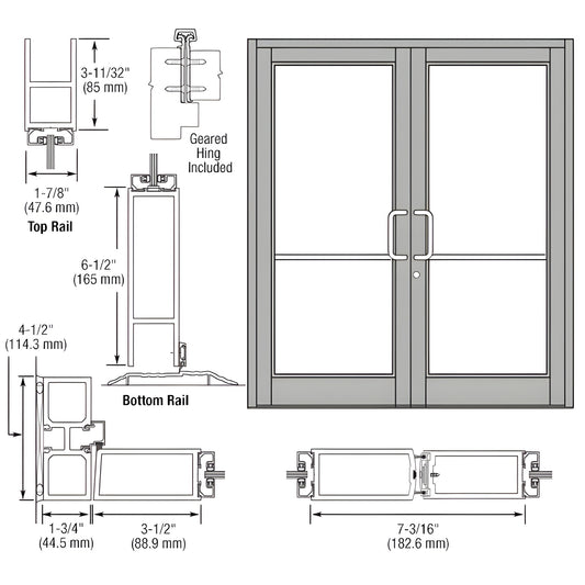 DC82811 Clear-anodized commercial double entrance door, aluminum frame with tempered glass, center mullion and pull handles.