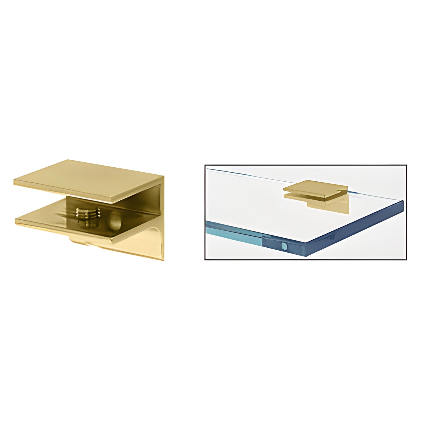 EH134 polished brass square shelf clamp with support leg, for 1/4-3/8" glass, mounts to wall/ceiling