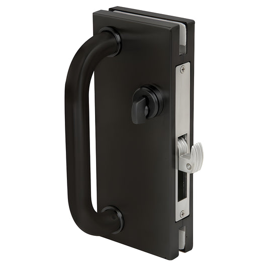DH410DU black bronze center lock with D-handle and hook-throw deadlock for 1/2" (4 10) tempered glass doors