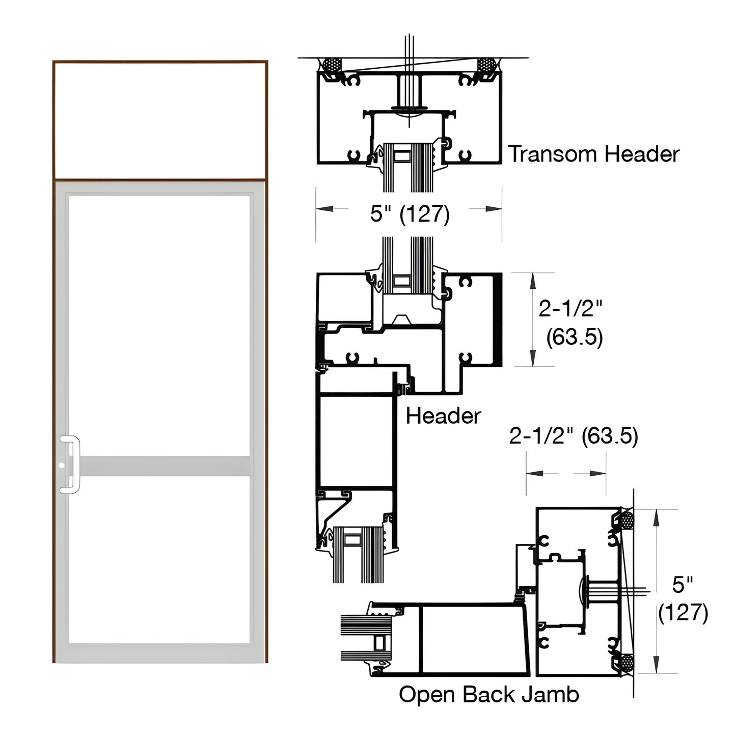 Black bronze anodized single transom door frame, 2-1/2 x 5 in, for butt-hinged hurricane impact door with air threshold