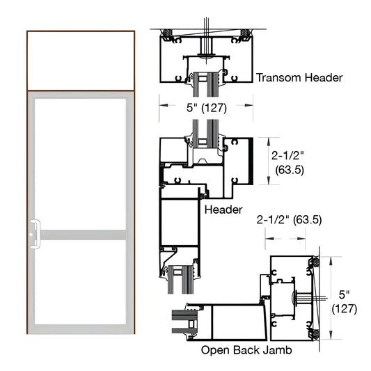 Black bronze anodized single transom door frame, 2-1/2 x 5 in, for butt-hinged hurricane impact door with air threshold