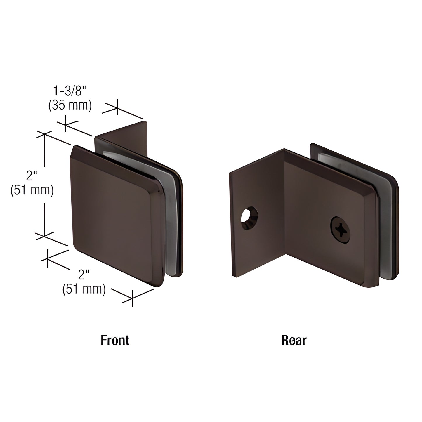 BGC0370RB oil-rubbed bronze brass beveled clamp with small 90 leg, front and rear views, fits 10-12mm glass.
