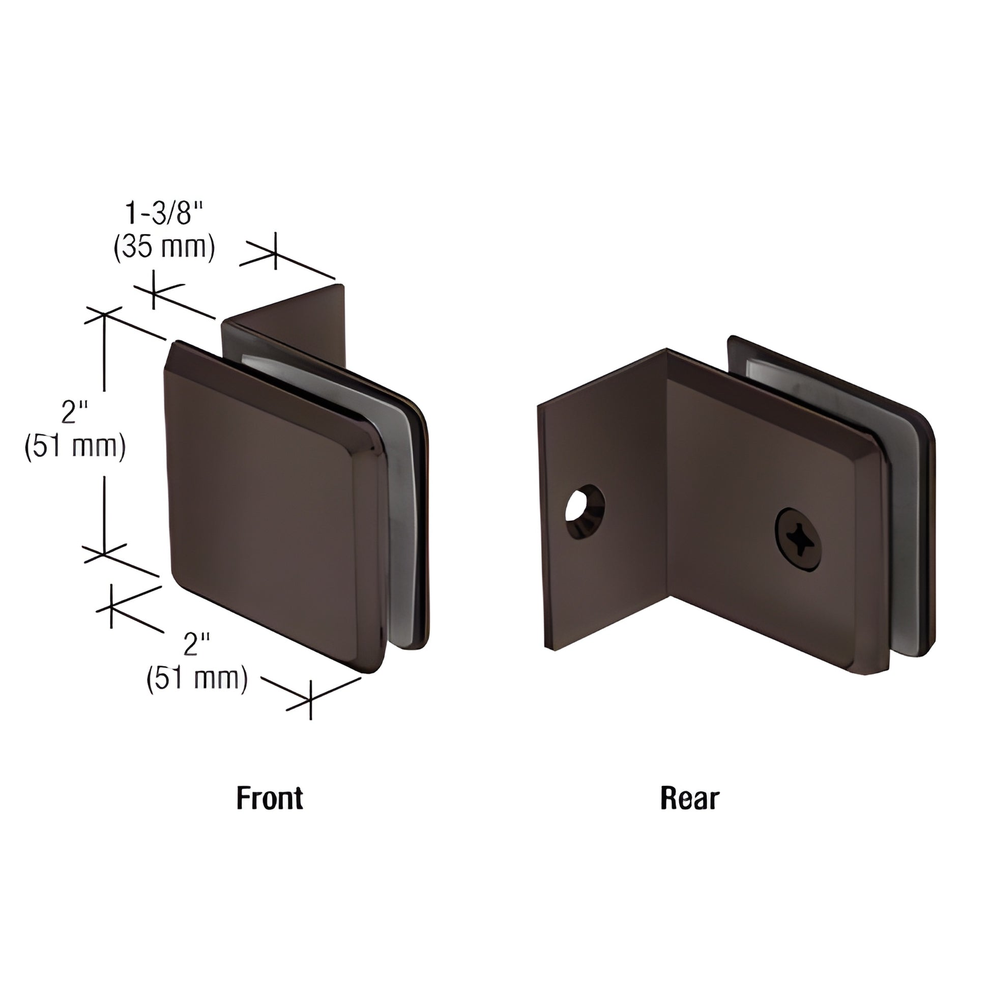 BGC0370RB oil-rubbed bronze brass beveled clamp with small 90 leg, front and rear views, fits 10-12mm glass.