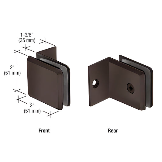 BGC0370RB oil-rubbed bronze brass beveled clamp with small 90 leg, front and rear views, fits 10-12mm glass.
