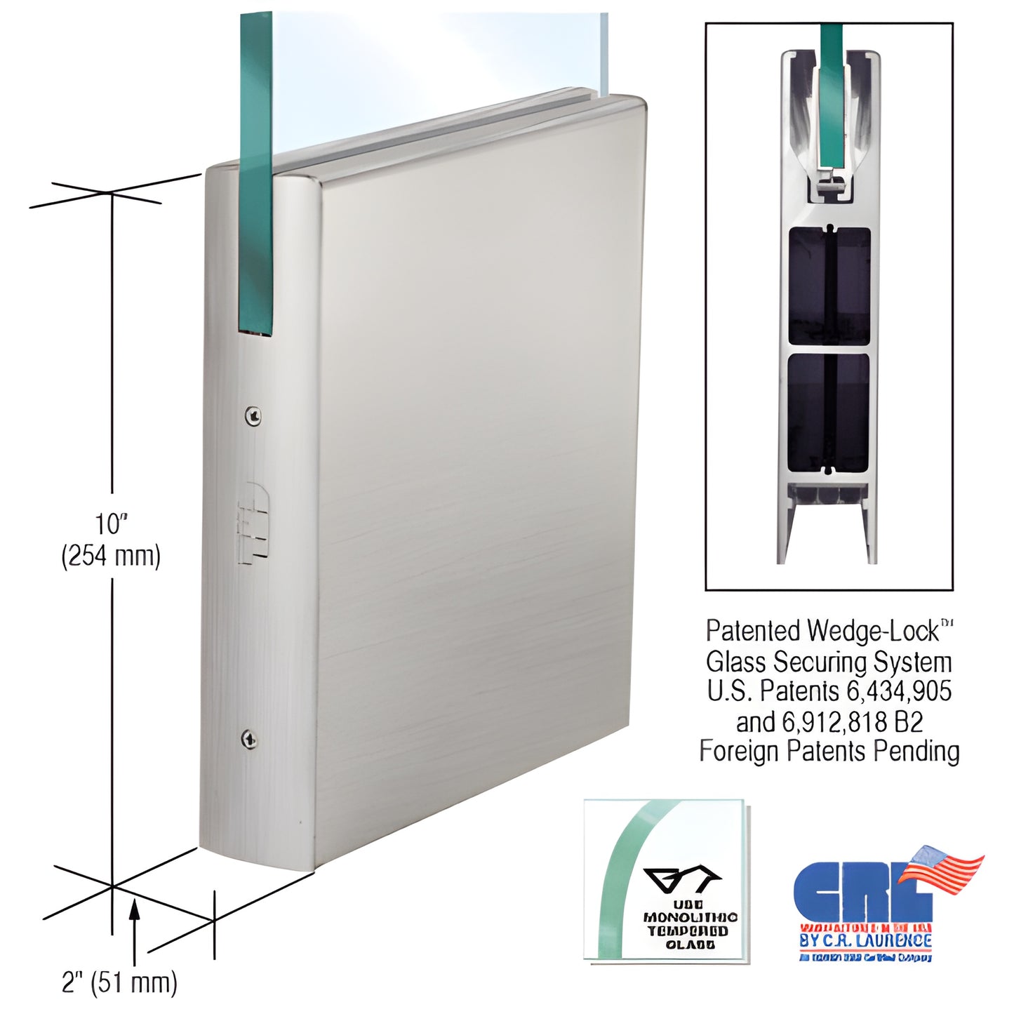 Brushed stainless steel 10" square door rail for 1/2" glass, Wedge-Lock system, 35-3/4" long SKU DR10SBS12S