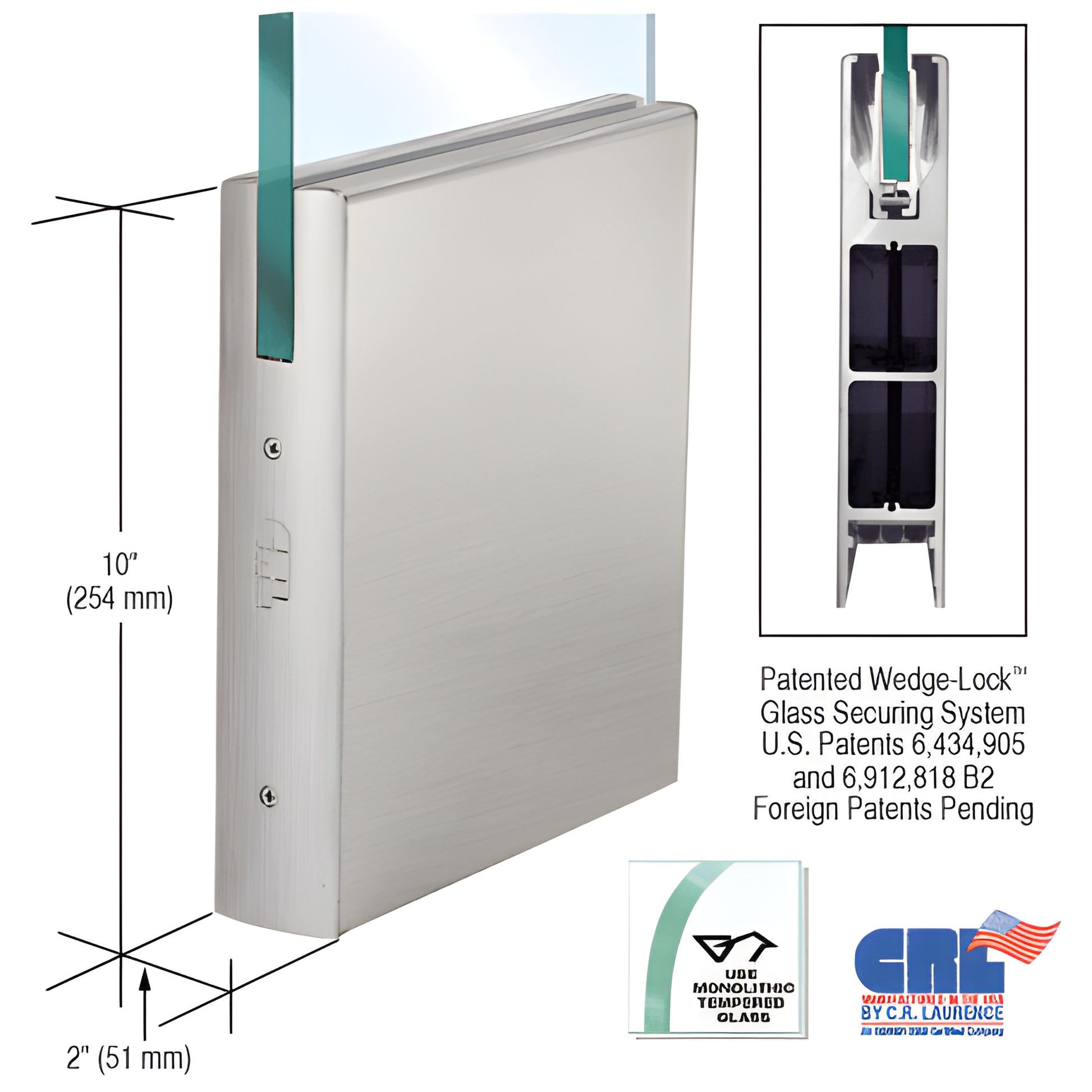 Brushed stainless steel 10" square door rail for 1/2" glass, Wedge-Lock system, 35-3/4" long SKU DR10SBS12S