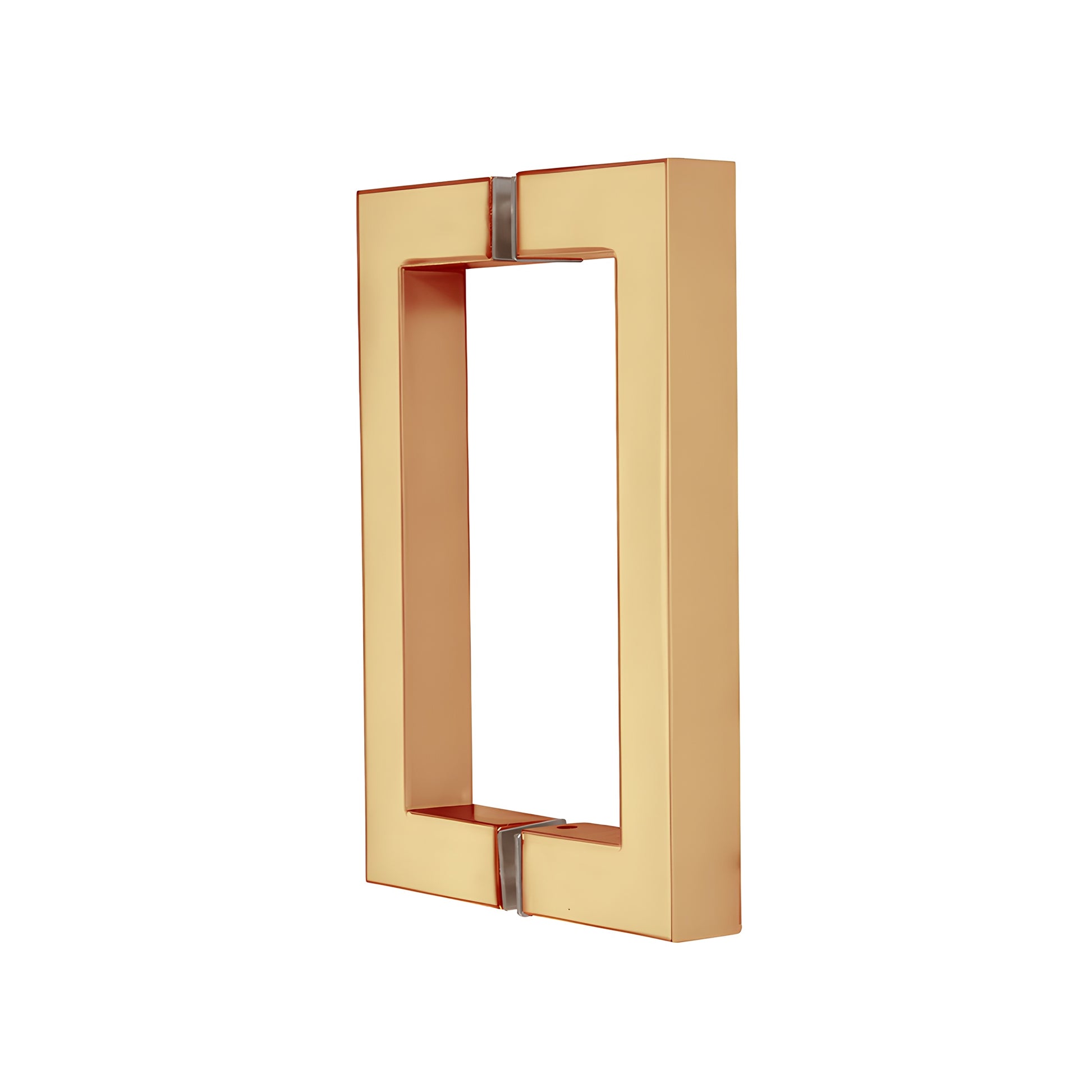 Square-corner brass back-to-back pull handle for frameless glass doors, unlacquered brass finish, 6" C-C (SKU SQ6X6ULBR)