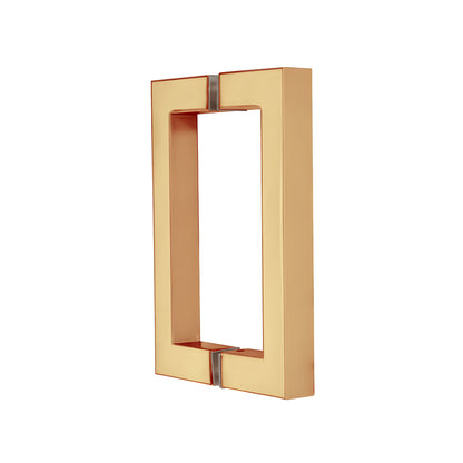 Square-corner brass back-to-back pull handle for frameless glass doors, unlacquered brass finish, 6" C-C (SKU SQ6X6ULBR)