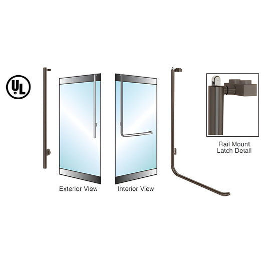 Oil rubbed bronze PA100 rail mount panic handle for glass doors, 11 4 tube, exterior keyed access.