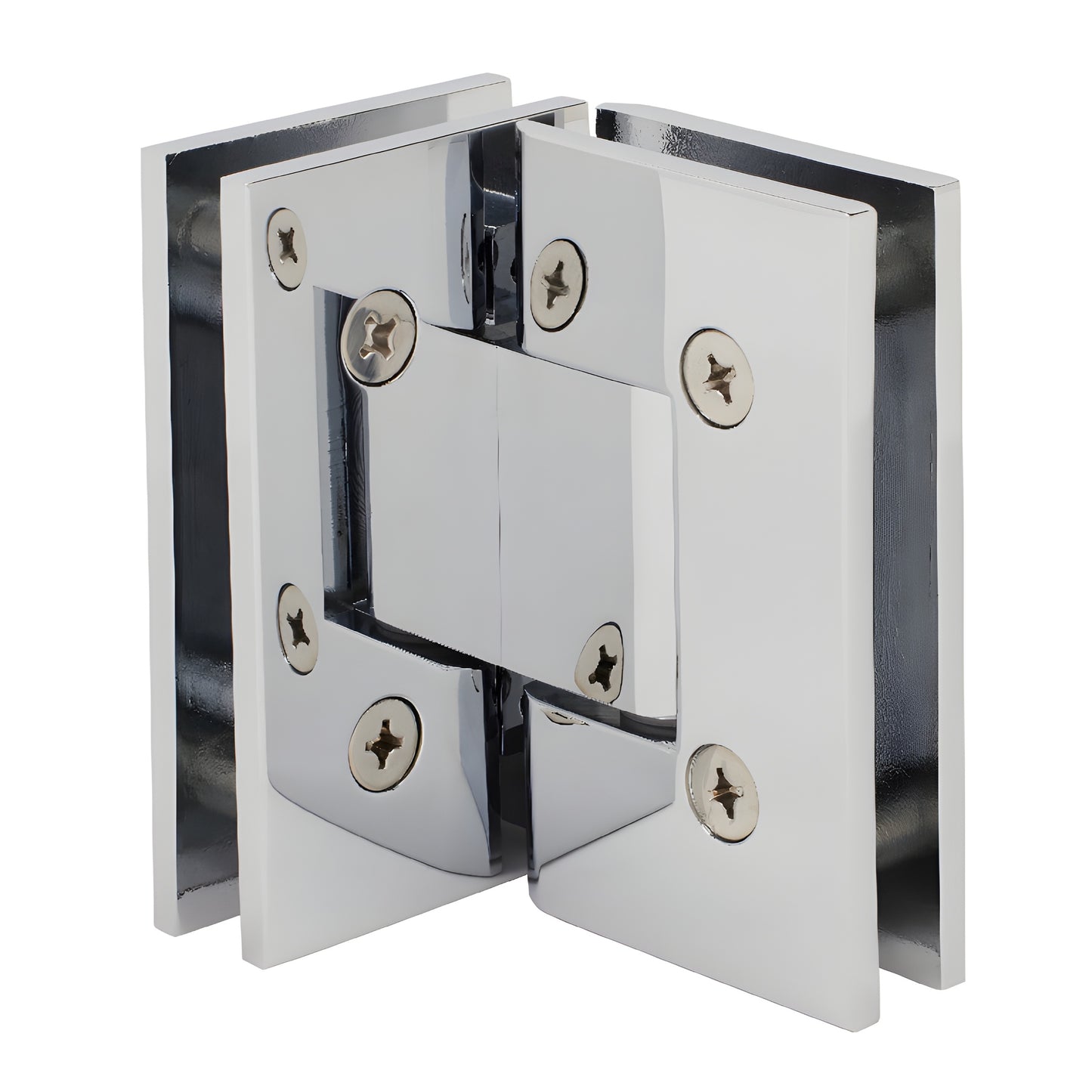 Polished chrome Junior Geneva glass-to-glass shower hinge (SKU JRG092CH), square brass 90 self-centering, fits 6-8mm glass.