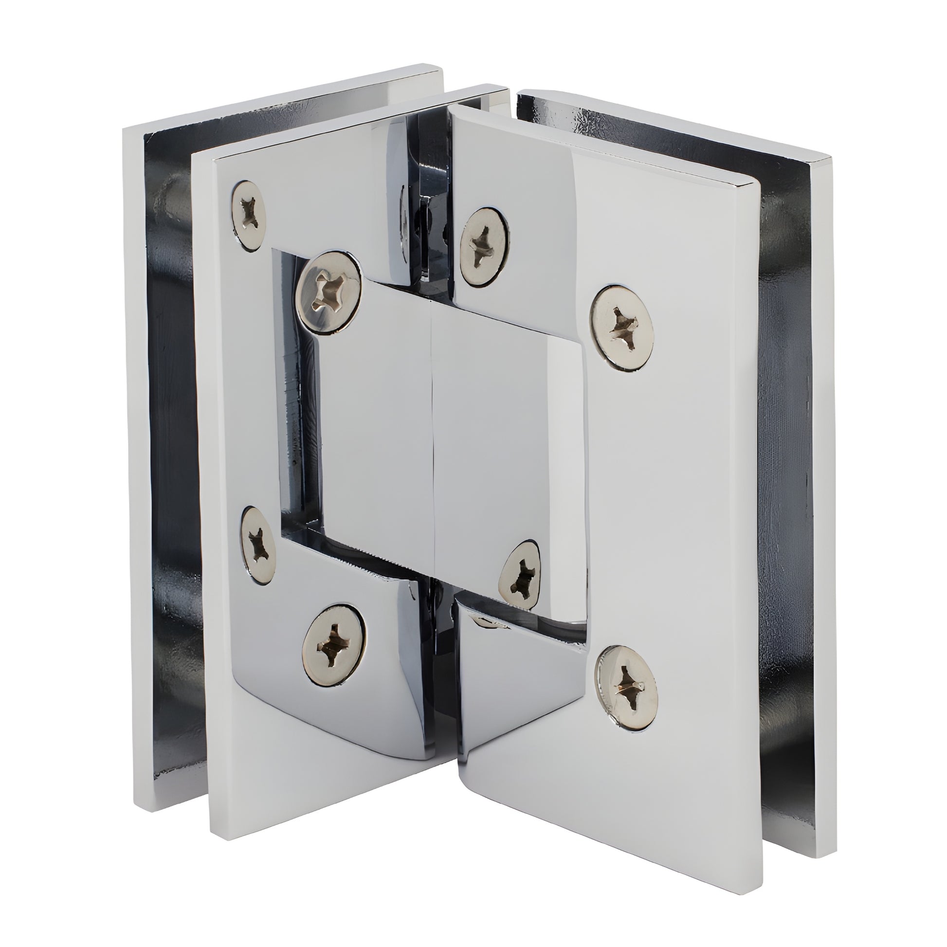 Polished chrome Junior Geneva glass-to-glass shower hinge (SKU JRG092CH), square brass 90 self-centering, fits 6-8mm glass.