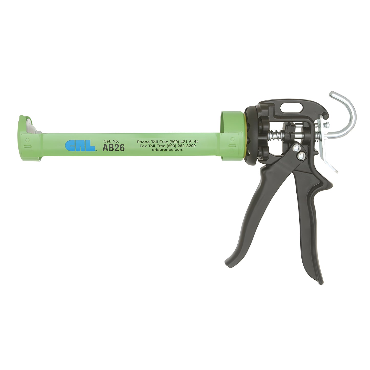 CRL AB26 heavy-duty 26:1 caulk gun, green barrel and black pistol handle with rotating strap frame and ladder hook