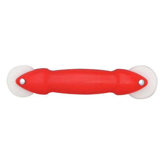 Red plastic handheld screen & spline roller with hollow handle and white nylon double wheels (round + concave), SKU PL7503