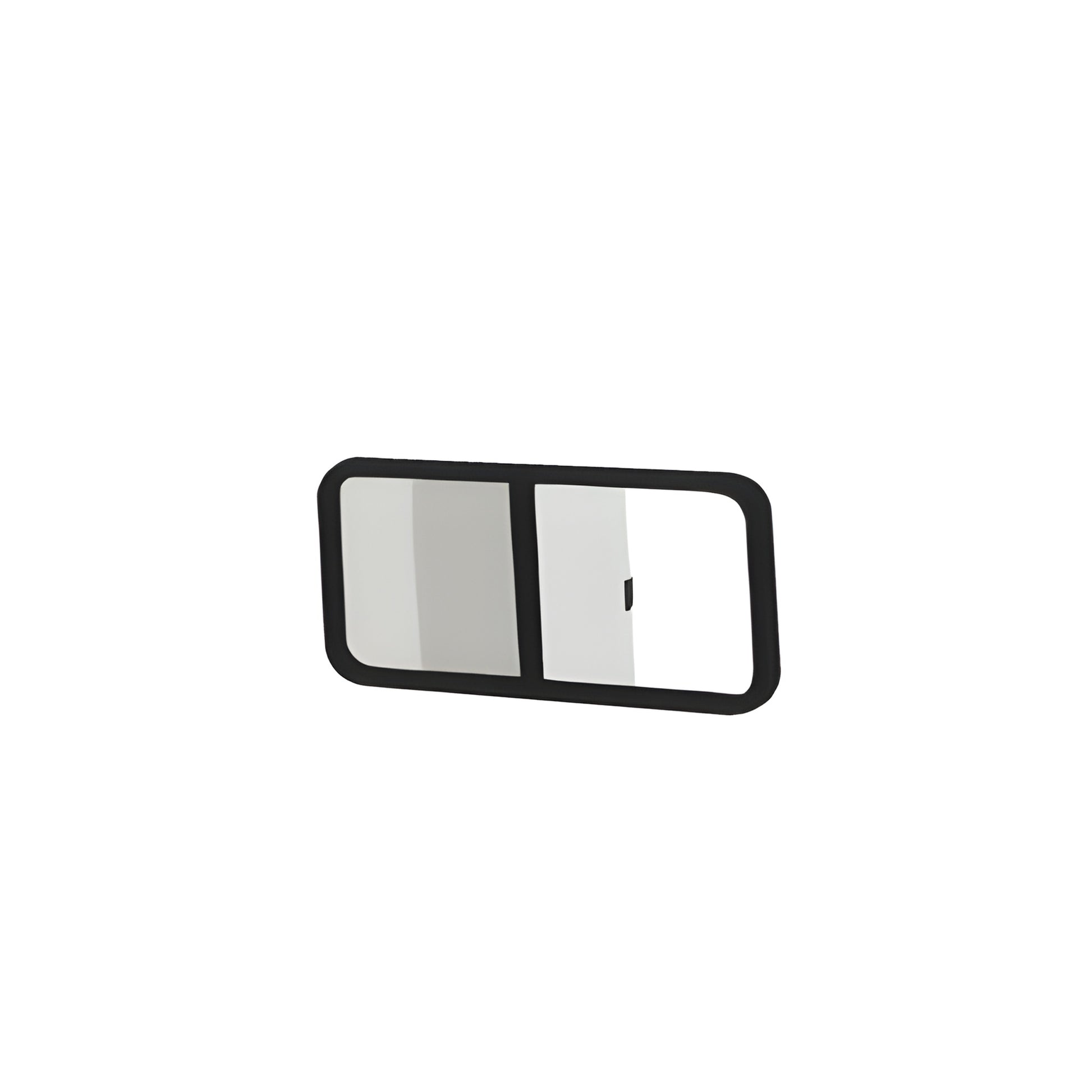 VW8206 - black powder-coated aluminum horizontal half-slider vehicle window with 28% solar privacy glass and sliding screen.
