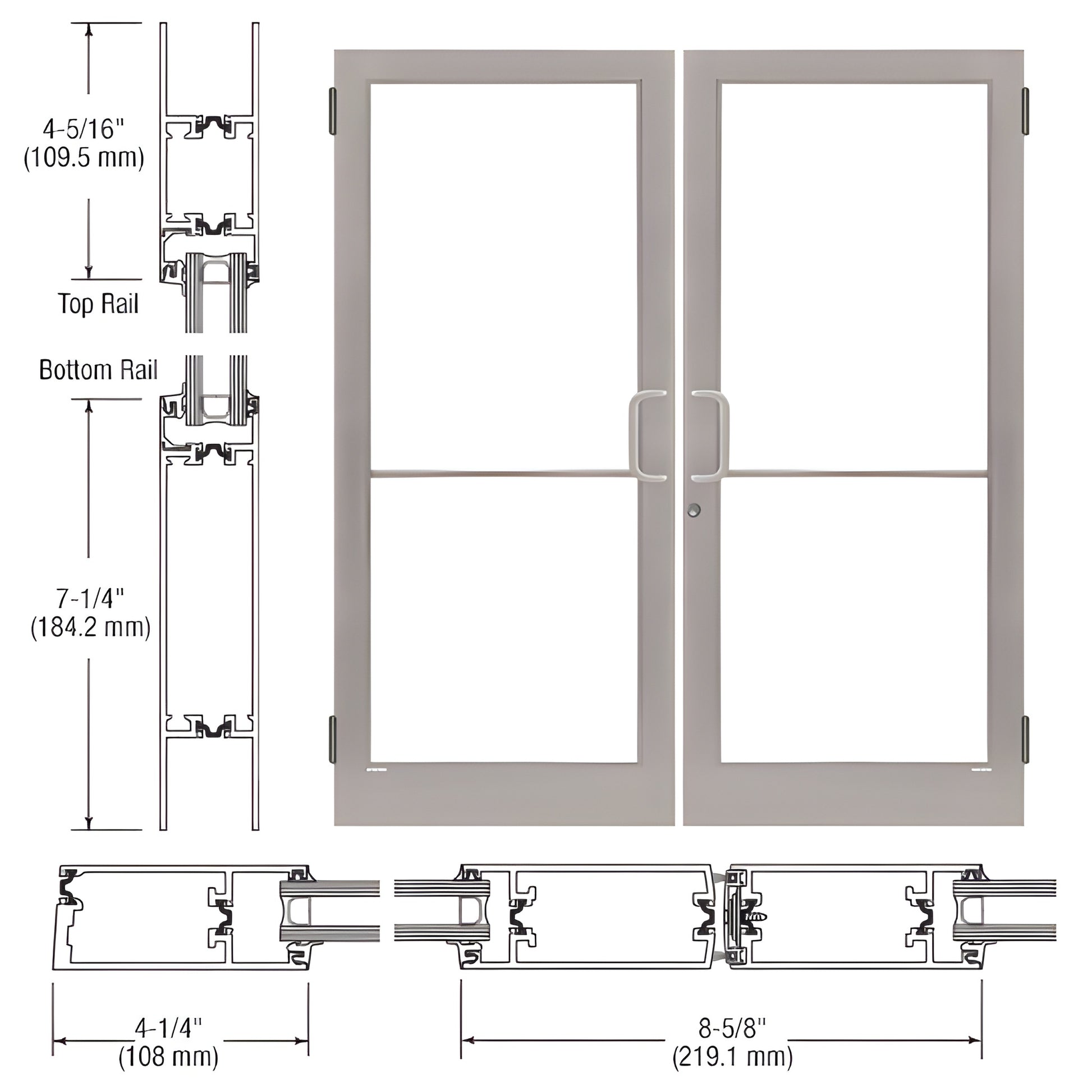 CRL SKU 1D42411 medium-stile double storefront entrance door, clear anodized finish, 4-1/4" stiles and 7-1/4" bottom rail.