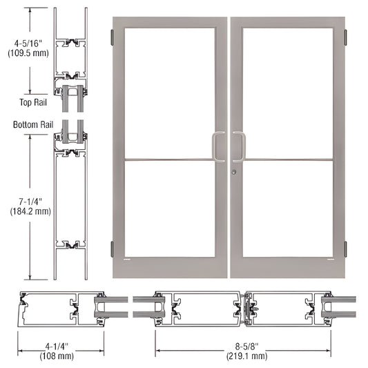 CRL SKU 1D42411 medium-stile double storefront entrance door, clear anodized finish, 4-1/4" stiles and 7-1/4" bottom rail.