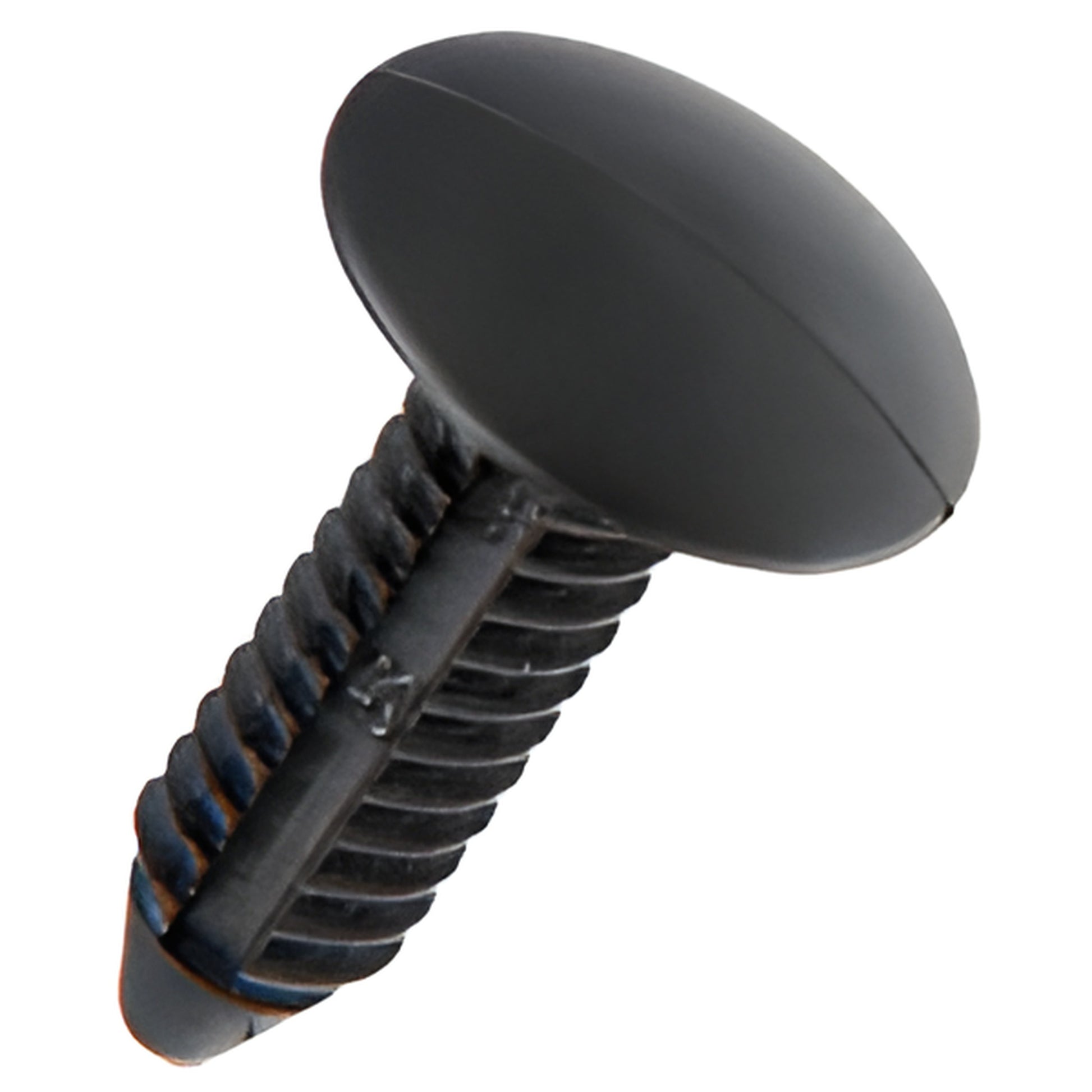 Black plastic push rivet retainer for front bumper cowl grille, 1/4-inch hole - SKU CP957387