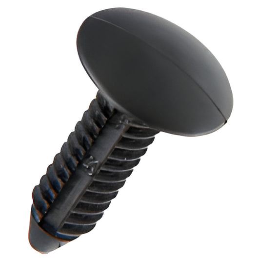 Black plastic push rivet retainer for front bumper cowl grille, 1/4-inch hole - SKU CP957387