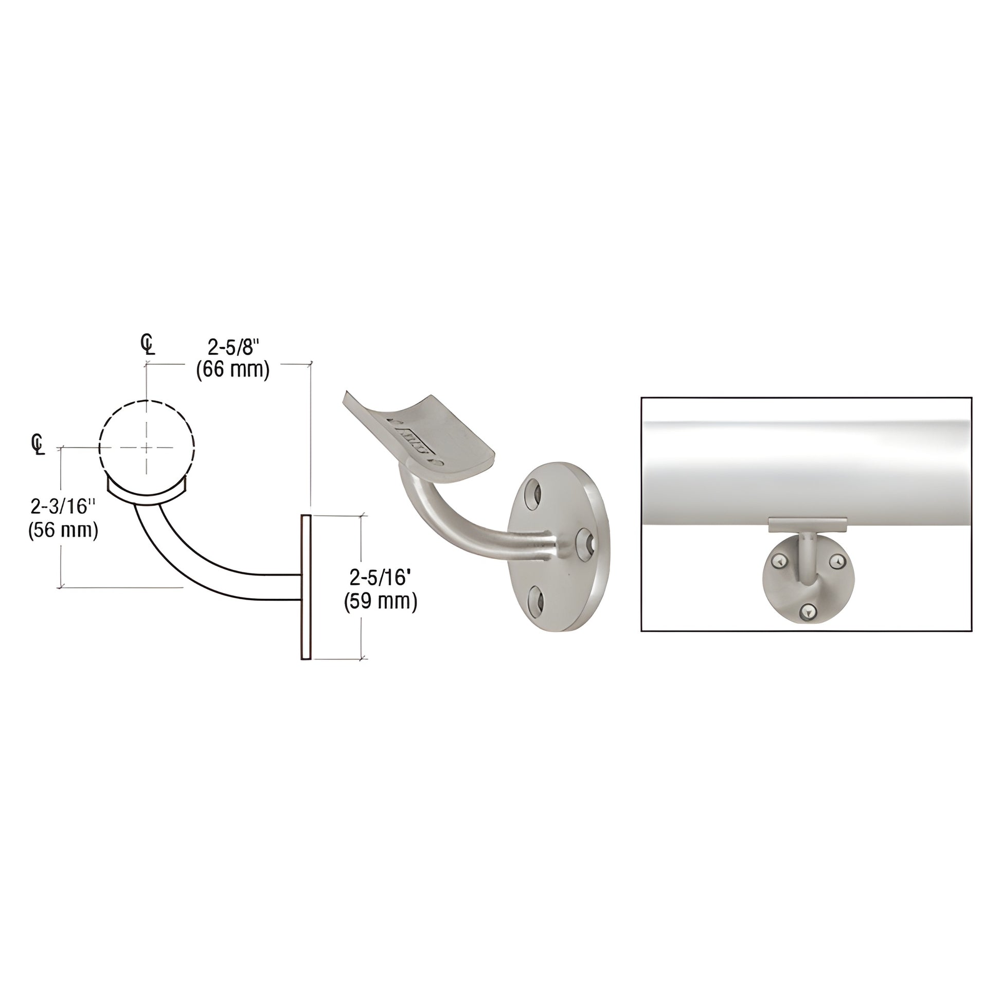 HR15B3BS brushed stainless long arm wall handrail bracket, fits 11 2"-2" tubing, 2 5/8" projection, 3 screw round base