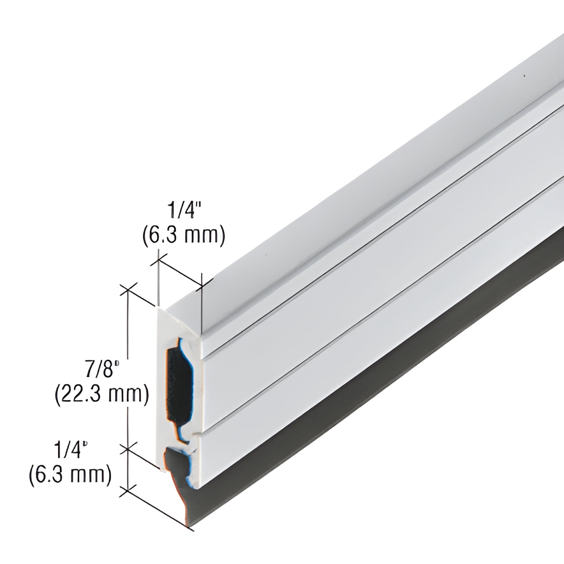 BW03671 aluminum door sweep, Kynar white extruded profile with concealed fasteners and black rubber seal, sectional view.